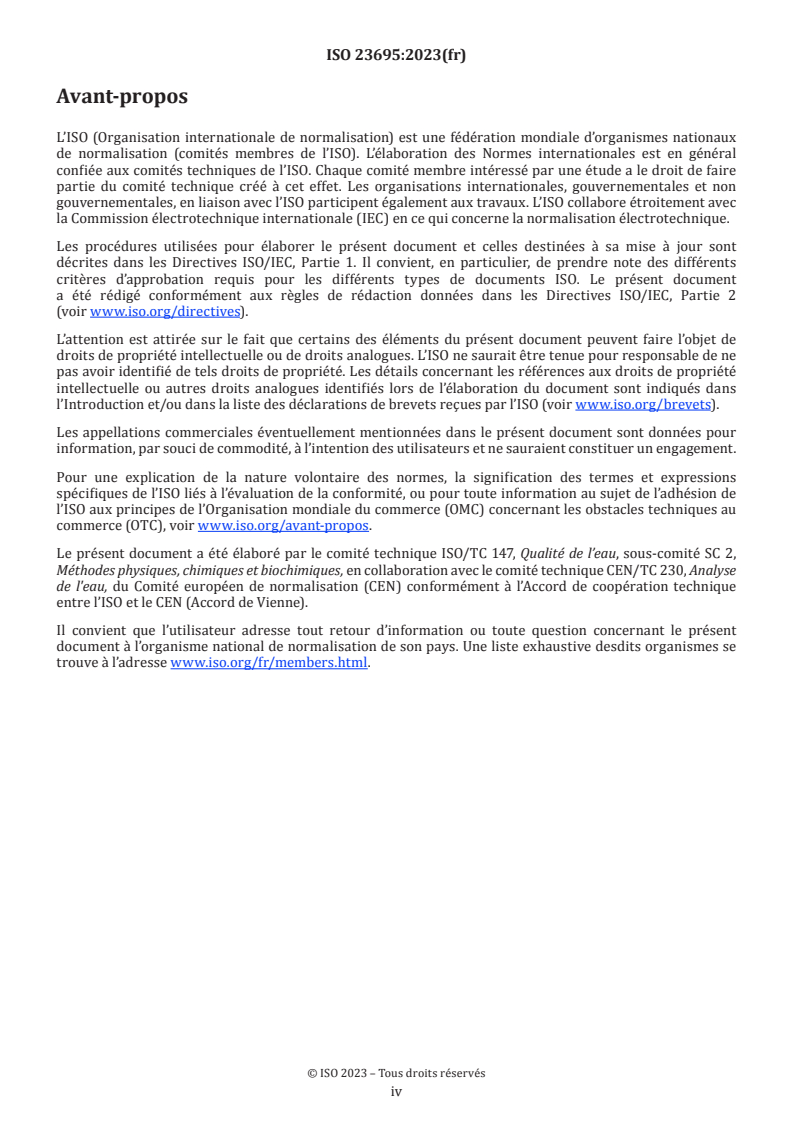 ISO 23695:2023 ISO 23695:2023 - Qualité de l’eau — Détermination de l’azote-ammonium dans l’eau — Méthode à petite échelle en tubes fermés/12/2026 - Page 4 preview