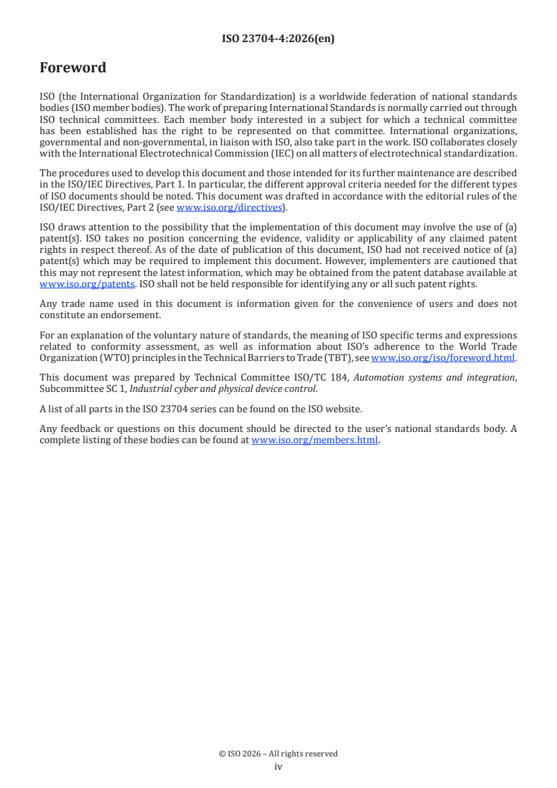 ISO 23704-4:2026 ISO 23704-4:2026 - General requirements for cyber-physically controlled smart machine tool systems (CPSMT) — Part 4: Requirements and guidelines for implementing reference architecture of CPSMT for subtractive manufacturing - Page 4 preview