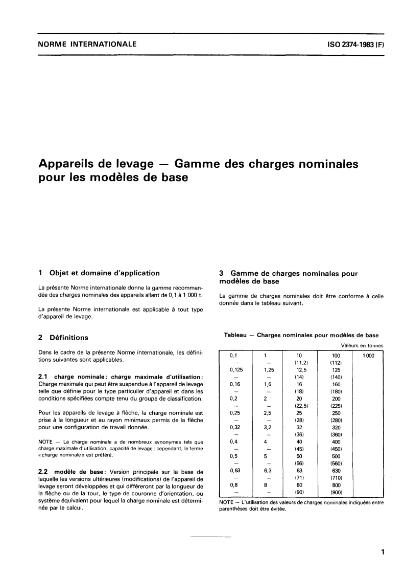 ISO 2374:1983 ISO 2374:1983 - Appareils de levage — Gamme des charges nominales pour les modèles de base/1/1983 - Page 3 preview