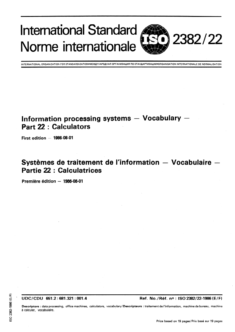 ISO 2382-22:1986 ISO 2382-22:1986 - Information processing systems — Vocabulary — Part 22: Calculators/14/1986 - Page 1 preview
