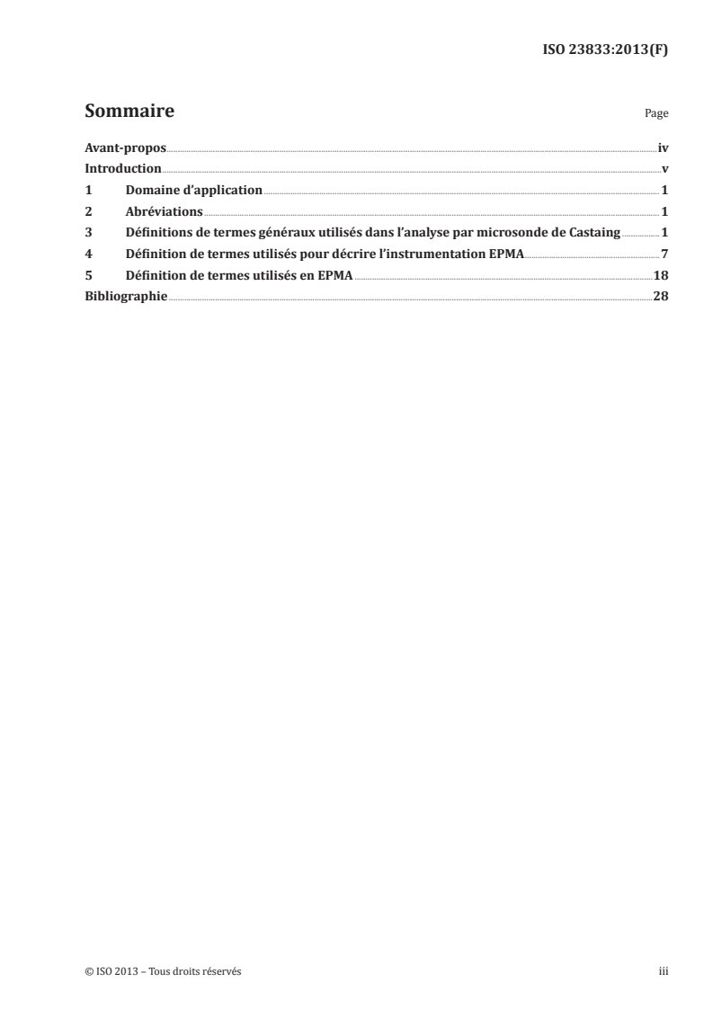 ISO 23833:2013 ISO 23833:2013 - Analyse par microfaisceaux — Analyse par microsonde électronique (microsonde de Castaing) — Vocabulaire/5/2013 - Page 3 preview