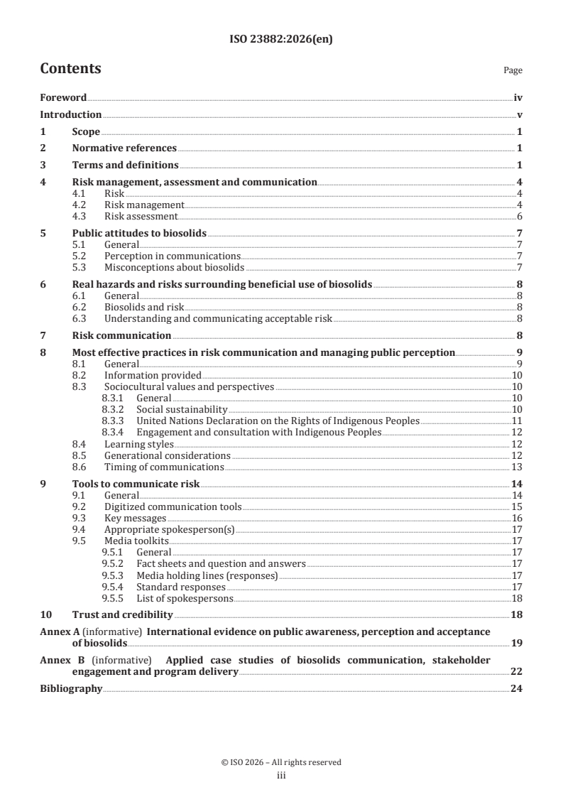 ISO 23882:2026 ISO 23882:2026 - Sludge recovery, recycling, treatment and disposal — Beneficial use of biosolids land application — Guidelines for risk communication and management of public perception - Page 3 preview
