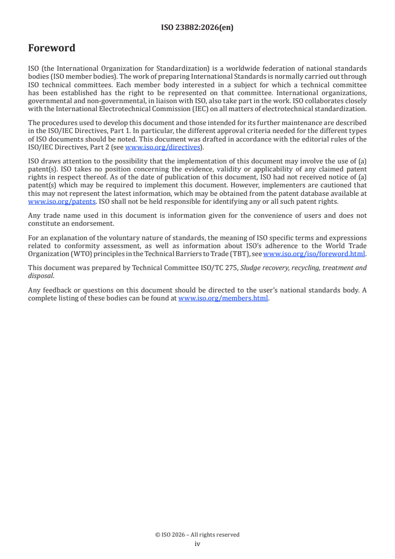 ISO 23882:2026 ISO 23882:2026 - Sludge recovery, recycling, treatment and disposal — Beneficial use of biosolids land application — Guidelines for risk communication and management of public perception - Page 4 preview