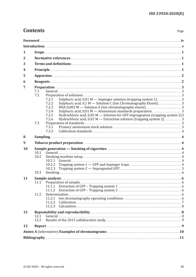 ISO 23920:2020 ISO 23920:2020 - Cigarettes — Determination of ammonia in cigarette mainstream smoke with an intense smoking regime using ion chromatography/30/2020 - Page 3 preview