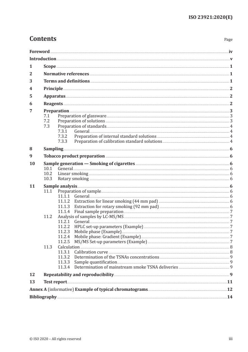 ISO 23921:2020 ISO 23921:2020 - Cigarettes — Determination of tobacco specific nitrosamines in mainstream cigarette smoke with an intense smoking regime — Method using LC-MS/MS/30/2020 - Page 3 preview