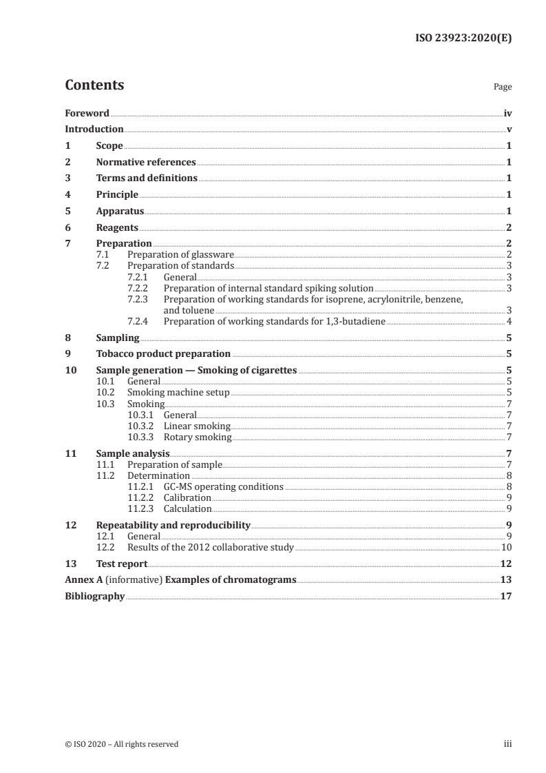ISO 23923:2020 ISO 23923:2020 - Cigarettes — Determination of selected volatile organic compounds in the mainstream smoke of cigarettes with an intense smoking regime — Method using GC/MS/30/2020 - Page 3 preview