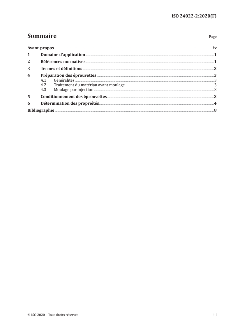 ISO 24022-2:2020 ISO 24022-2:2020 - Plastiques — Matériaux à base de polystyrène (PS) pour moulage et extrusion — Partie 2: Préparation des éprouvettes et détermination des propriétés/29/2020 - Page 3 preview