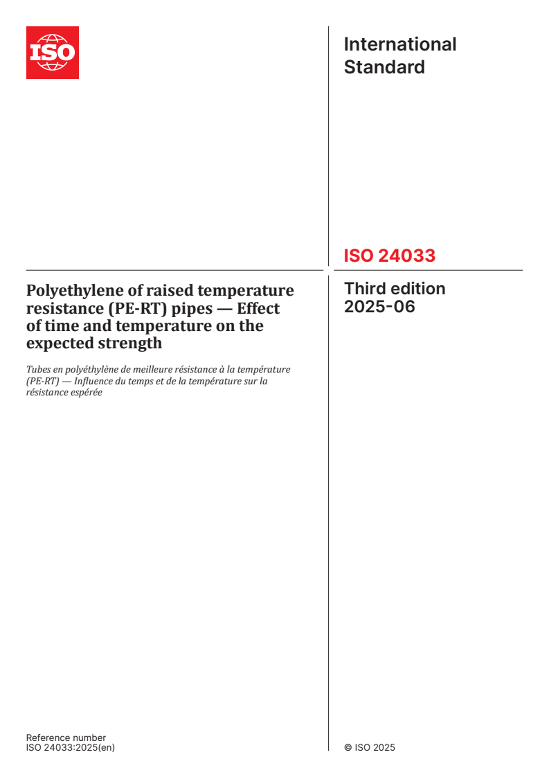ISO 24033:2025 - Polyethylene of raised temperature resistance (PE-RT) pipes — Effect of time and temperature on the expected strength
Released:11. 06. 2025