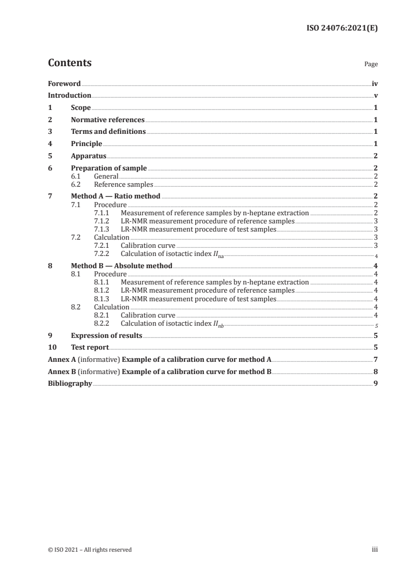 ISO 24076:2021 ISO 24076:2021 - Plastics — Polypropylene (PP) — Determination of isotactic index by low-resolution nuclear magnetic resonance spectrometry/1/2021 - Page 3 preview