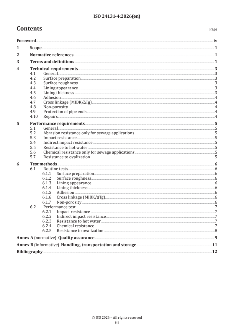 ISO 24131-4:2026 ISO 24131-4:2026 - Internal protection by polymeric lining for ductile iron pipes — Requirements and test methods — Part 4: Ceramic epoxy lining - Page 3 preview
