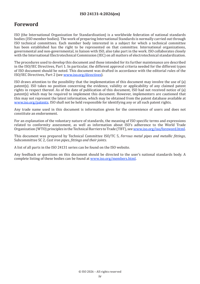 ISO 24131-4:2026 ISO 24131-4:2026 - Internal protection by polymeric lining for ductile iron pipes — Requirements and test methods — Part 4: Ceramic epoxy lining - Page 4 preview