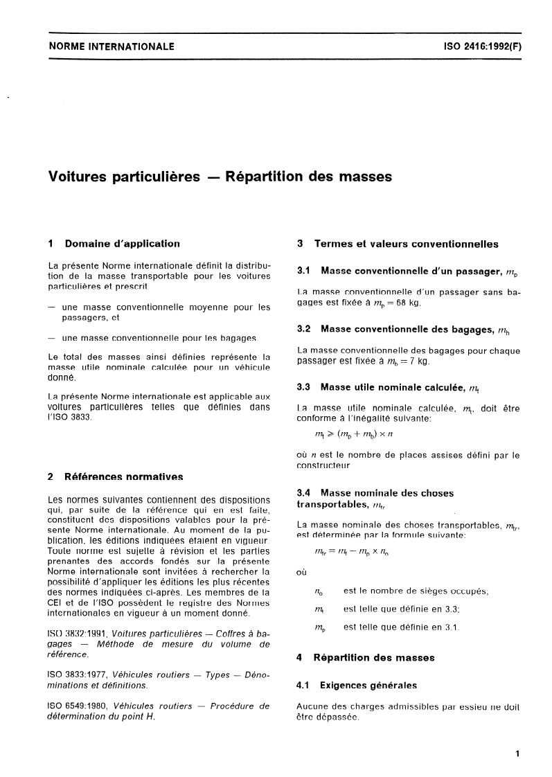 ISO 2416:1992 ISO 2416:1992 - Voitures particulières — Répartition des masses/7/1992 - Page 3 preview