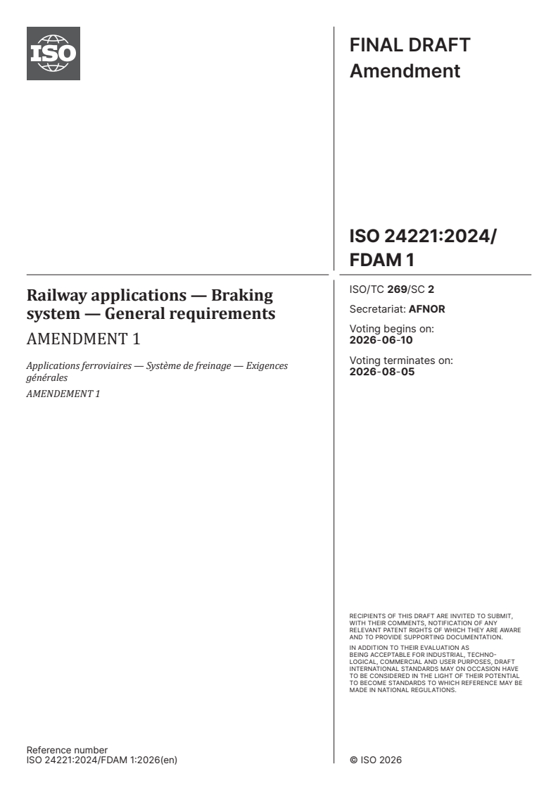 ISO 24221:2024/FDAmd 1 ISO 24221:2024/FDAmd 1 - Railway applications — Braking system — General requirements — Amendment 1 - Page 1 preview