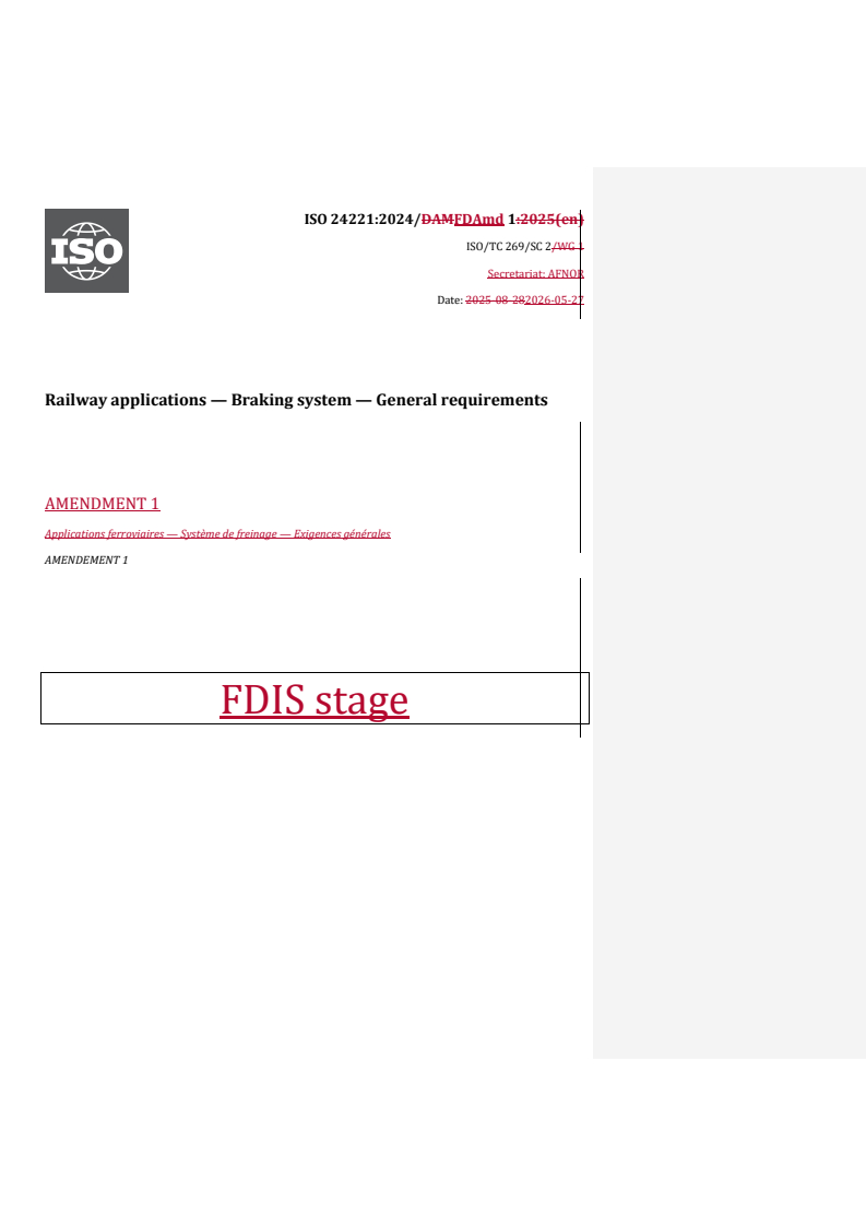 ISO 24221:2024/FDAmd 1 REDLINE ISO 24221:2024/FDAmd 1 - Railway applications — Braking system — General requirements — Amendment 1 - Page 1 preview