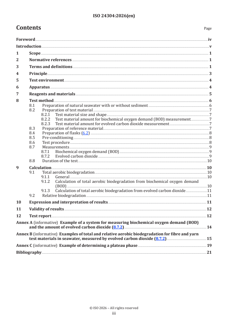 ISO 24304:2026 ISO 24304:2026 - Textiles — Determination of the aerobic biodegradation of textile materials in seawater - Page 3 preview