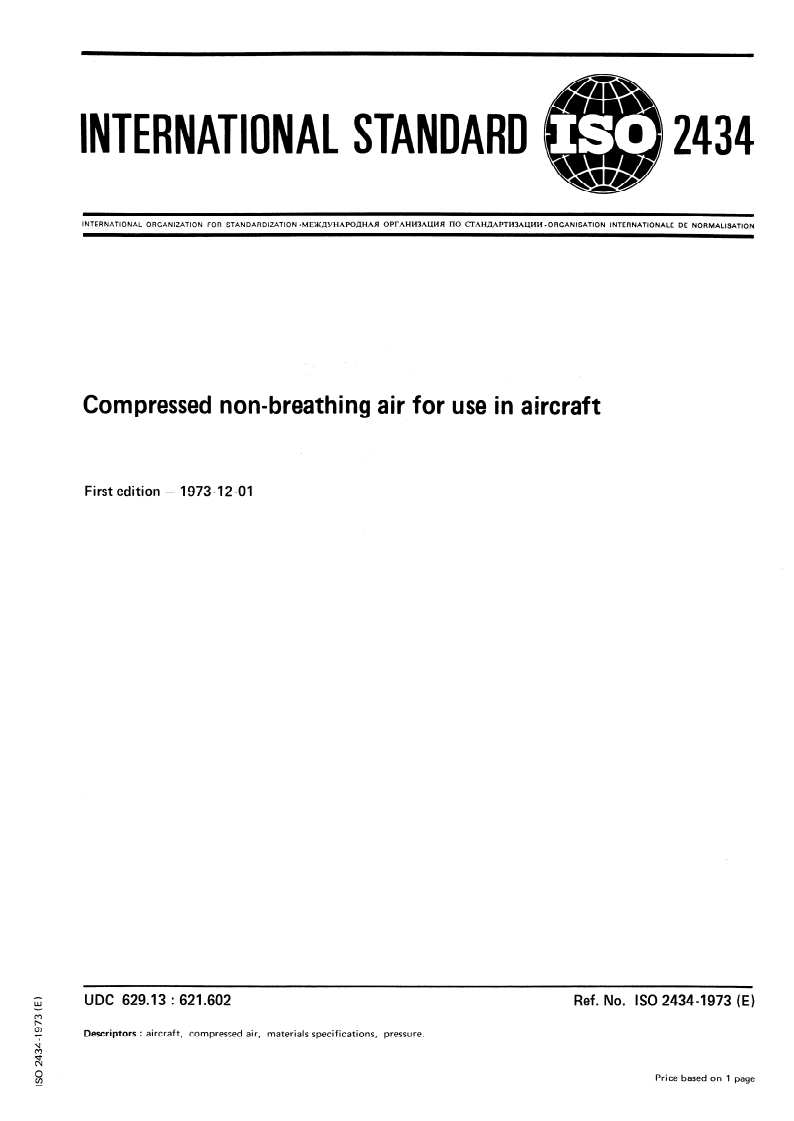 ISO 2434:1973 ISO 2434:1973 - Compressed non-breathing air for use in aircraft/1/1973 - Page 1 preview