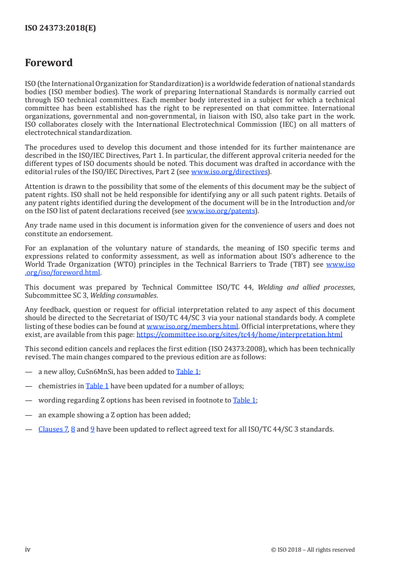 ISO 24373:2018 ISO 24373:2018 - Welding consumables — Solid wires and rods for fusion welding of copper and copper alloys — Classification/13/2018 - Page 4 preview