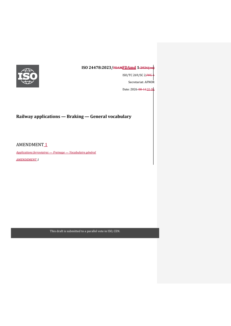 ISO 24478:2023/FDAmd 1 REDLINE ISO 24478:2023/FDAmd 1 - Railway applications — Braking — General vocabulary — Amendment 1 - Page 1 preview