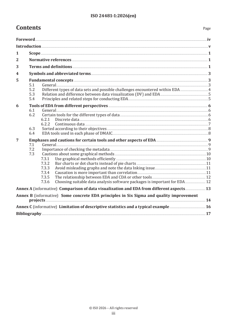 ISO 24481-1:2026 ISO 24481-1:2026 - Statistical methods for implementation of Six Sigma — Exploratory data analysis — Part 1: General methodology - Page 3 preview