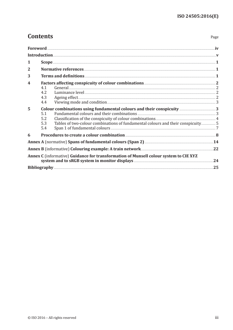 ISO 24505:2016 ISO 24505:2016 - Ergonomics — Accessible design — Method for creating colour combinations taking account of age-related changes in human colour vision/1/2016 - Page 3 preview