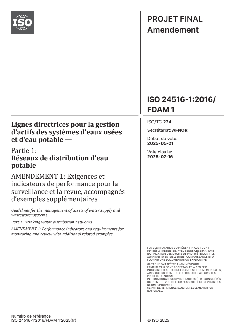 ISO 24516-1:2016/FDAmd 1 - Lignes directrices pour la gestion d'actifs des systèmes d'eaux usées et d'eau potable — Partie 1: Réseaux de distribution d'eau potable — Amendement 1: Exigences et indicateurs de performance pour la surveillance et la revue, accompagnés d’exemples supplémentaires
Released:9. 06. 2025