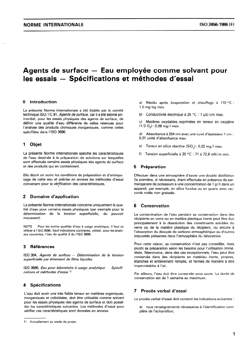 ISO 2456:1986 ISO 2456:1986 - Agents de surface — Eau employée comme solvant pour les essais — Spécifications et méthodes d'essai/13/1986 - Page 3 preview
