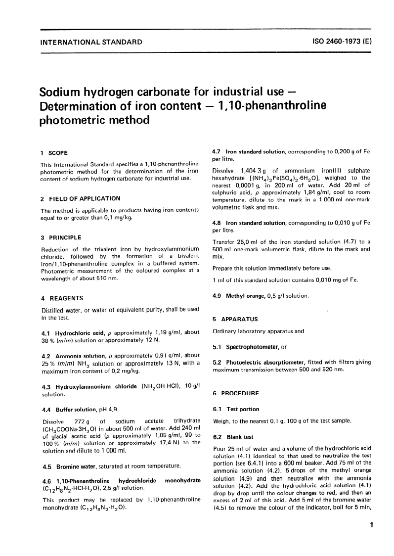 ISO 2460:1973 ISO 2460:1973 - Sodium hydrogen carbonate for industrial use — Determination of iron content — 1,10- Phenanthroline photometric method/1/1973 - Page 3 preview