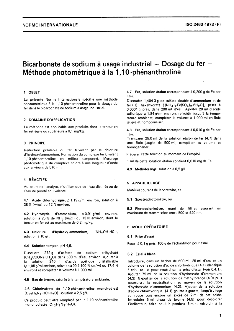 ISO 2460:1973 ISO 2460:1973 - Bicarbonate de sodium à usage industriel — Dosage du fer — Méthode photométrique à la 1,10- phénanthroline/1/1973 - Page 3 preview