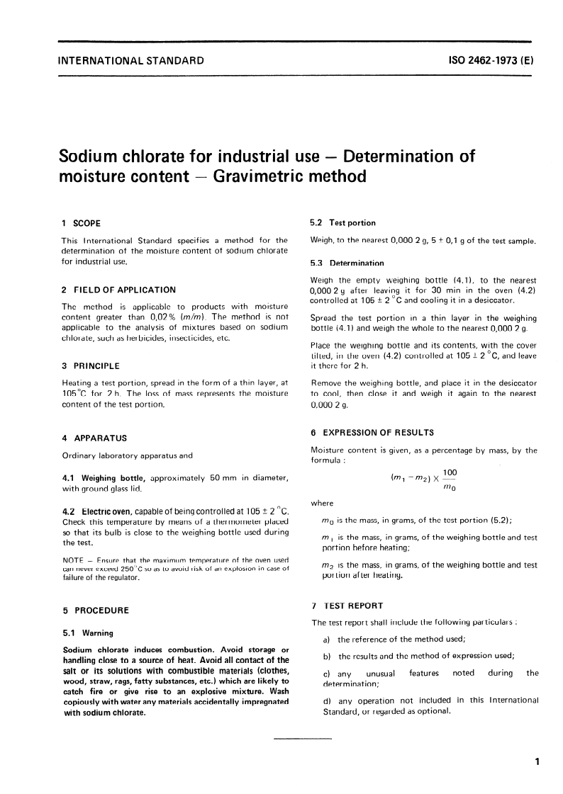 ISO 2462:1973 ISO 2462:1973 - Sodium chlorate for industrial use — Determination of moisture content — Gravimetric method/1/1973 - Page 3 preview