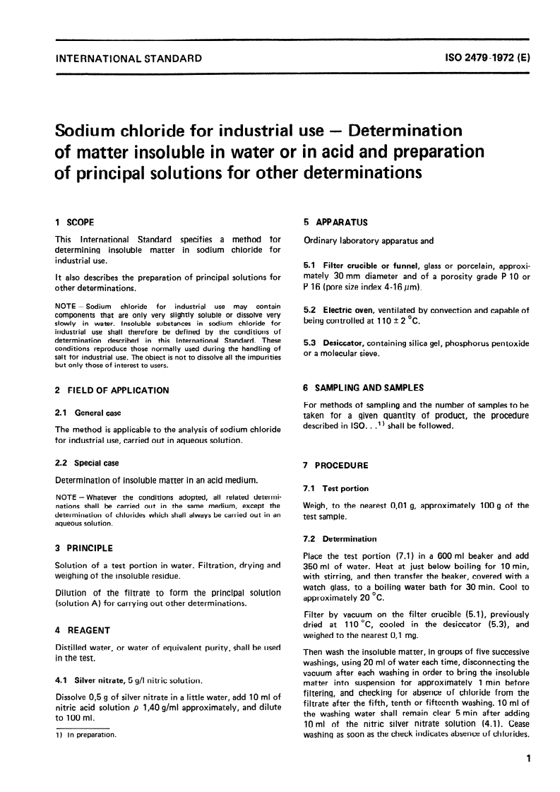 ISO 2479:1972 ISO 2479:1972 - Sodium chloride for industrial use — Determination of matter insoluble in water or in acid and preparation of principal solutions for other determinations/1/1972 - Page 3 preview