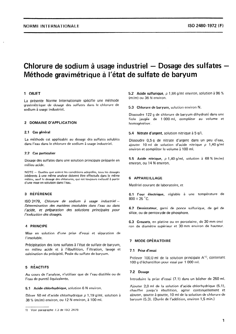 ISO 2480:1972 ISO 2480:1972 - Chlorure de sodium à usage industriel — Dosage des sulfates — Méthode gravimétrique à l'état de sulfate de baryum/1/1972 - Page 3 preview