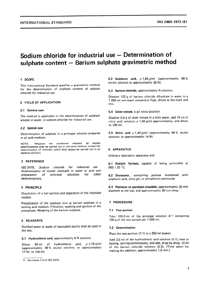 ISO 2480:1972 ISO 2480:1972 - Sodium chloride for industrial use — Determination of sulphate content — Barium sulphate gravimetric method/1/1972 - Page 3 preview