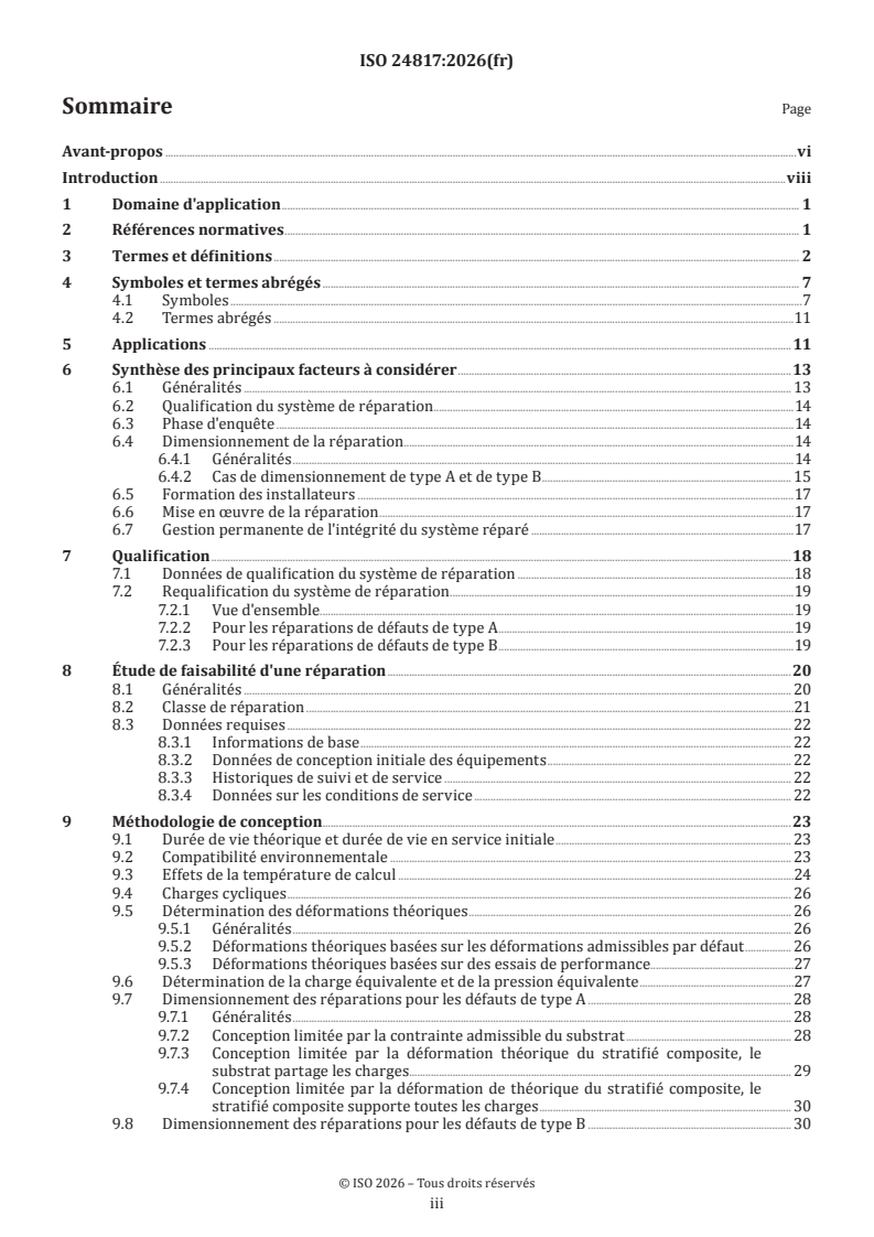 ISO 24817:2026 ISO 24817:2026 - Industries du petrole et du gaz, y compris les énergies à faible teneur en carbone — Reparations en materiau composite pour tuyauterie — Conformite aux exigences de performance et conception, installation, essai et gestion de l’intégrité - Page 3 preview