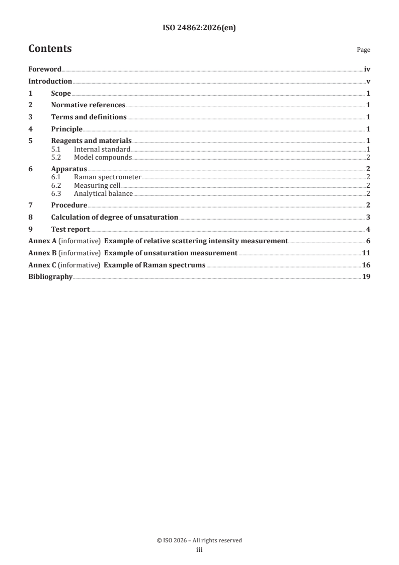 ISO 24862:2026 ISO 24862:2026 - Plastics — Polyols for use in the production of polyurethanes — Determination of degree of unsaturation for polyols by Raman spectrometric method - Page 3 preview