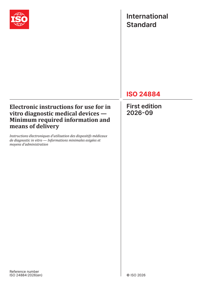 ISO 24884:2026 ISO 24884:2026 - Electronic instructions for use for in vitro diagnostic medical devices — Minimum required information and means of delivery - Page 1 preview