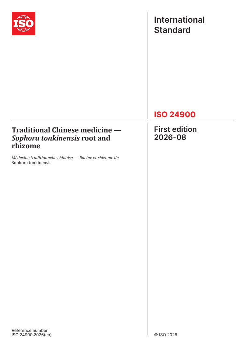 ISO 24900:2026 ISO 24900:2026 - Traditional Chinese medicine — Sophora tonkinensis root and rhizome - Page 1 preview