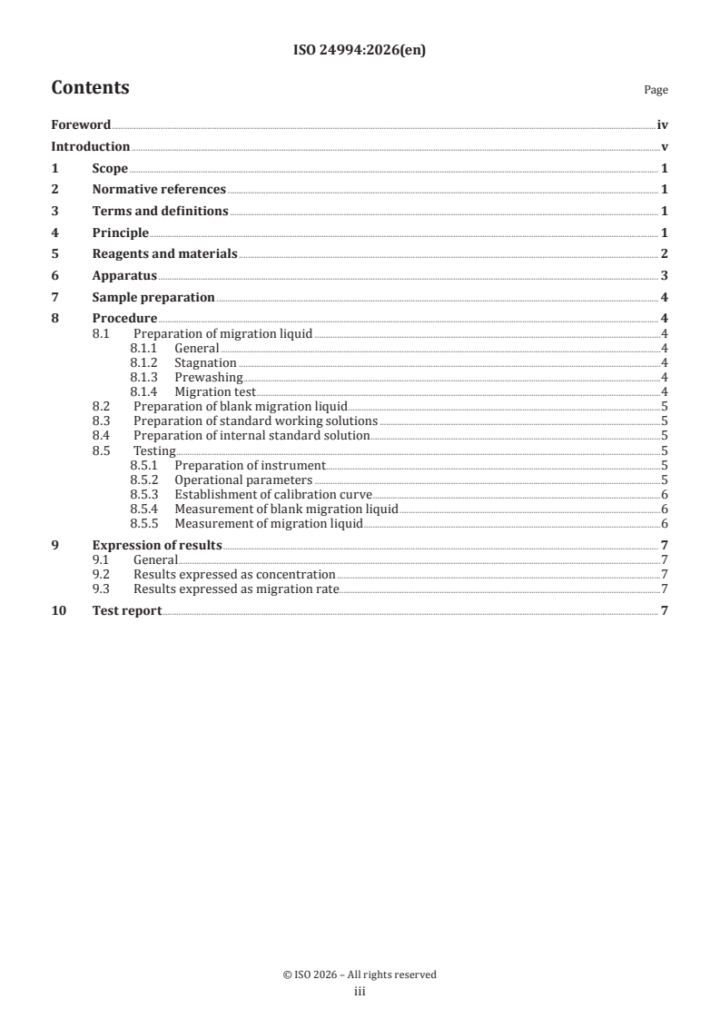 ISO 24994:2026 ISO 24994:2026 - Plastics piping systems — Determination of selected metal and semi-metal migration values of plastic pipes, fittings and their joints - Page 3 preview