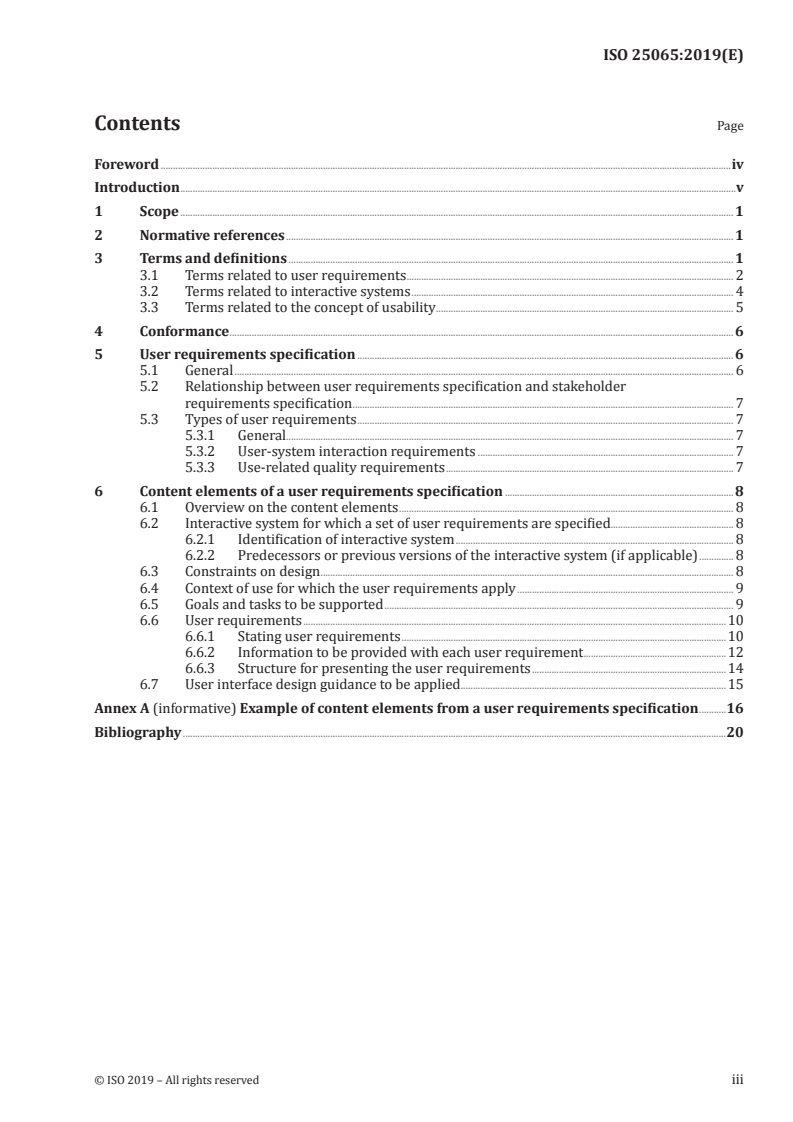 ISO 25065:2019 ISO 25065:2019 - Systems and software engineering — Software product Quality Requirements and Evaluation (SQuaRE) — Common Industry Format (CIF) for Usability: User requirements specification/29/2019 - Page 3 preview