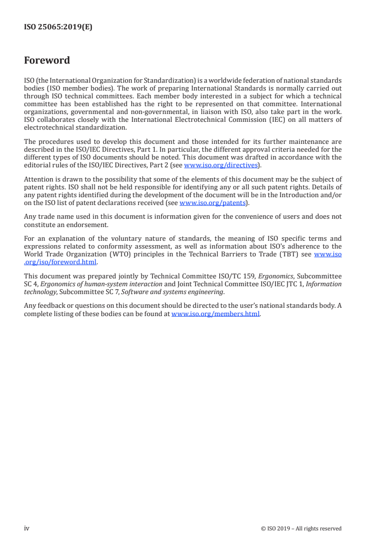 ISO 25065:2019 ISO 25065:2019 - Systems and software engineering — Software product Quality Requirements and Evaluation (SQuaRE) — Common Industry Format (CIF) for Usability: User requirements specification/29/2019 - Page 4 preview