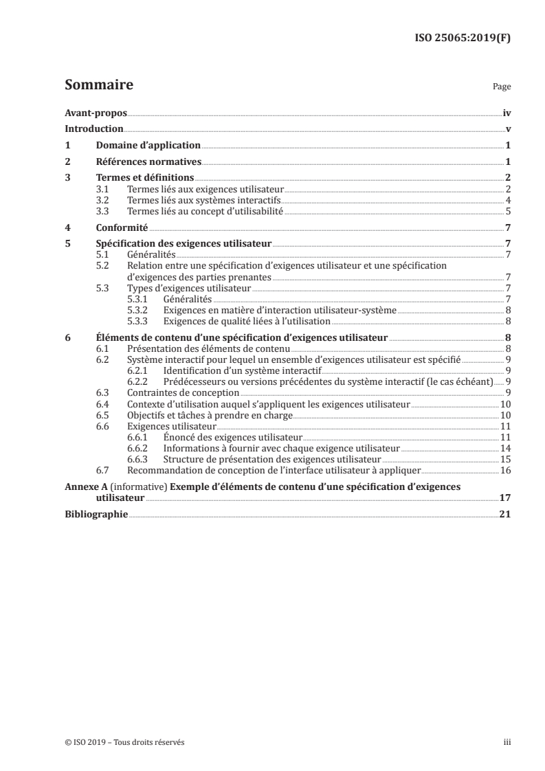 ISO 25065:2019 ISO 25065:2019 - Ingénierie des systèmes et logiciels — Exigences et évaluation de la qualité des produits logiciels (SQuaRE) — Format industriel commun pour l'utilisabilité: Spécification des exigences utilisateur/28/2020 - Page 3 preview
