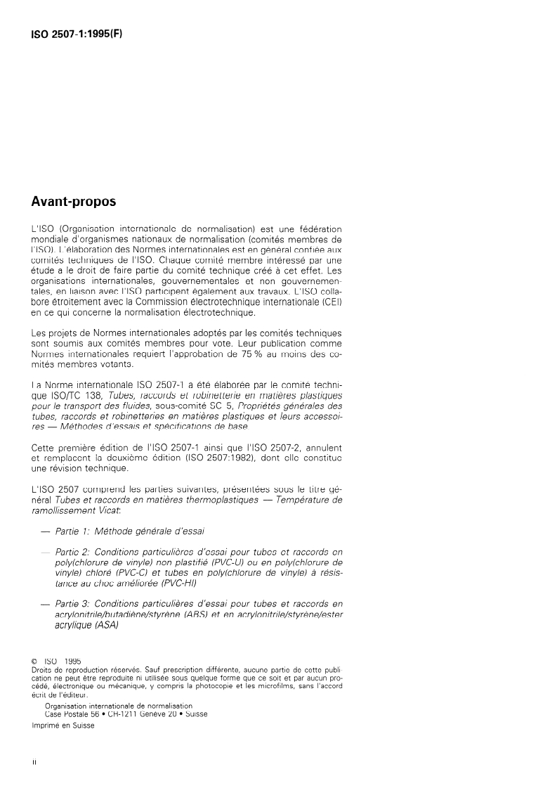SIST ISO 2507-1:1995 ISO 2507-1:1995 - Tubes et raccords en matières thermoplastiques — Température de ramollissement Vicat — Partie 1: Méthode générale d'essai/2/1995 - Page 2 preview