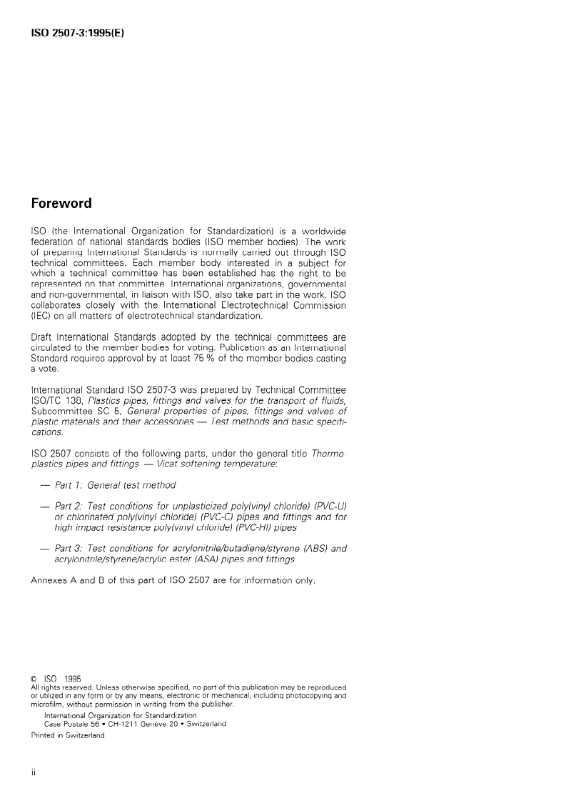 ISO 2507-3:1995 ISO 2507-3:1995 - Thermoplastics pipes and fittings — Vicat softening temperature — Part 3: Test conditions for acrylonitrile/butadiene/styrene (ABS) and acrylonitrile/styrene/acrylic ester (ASA) pipes and fittings/2/1995 - Page 2 preview