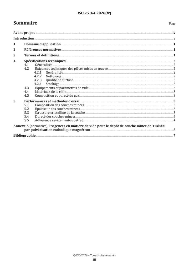 ISO 25164:2026 ISO 25164:2026 - Revêtements obtenus par dépôt physique en phase vapeur — Dépôt de couches minces de TiAlSiN par pulvérisation cathodique magnétron — Spécification - Page 3 preview