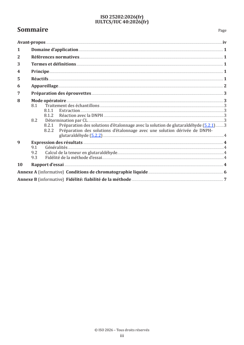 ISO 25202:2026 ISO 25202:2026 - Cuir — Analyse chimique — Détermination de la teneur en glutaraldéhyde - Page 3 preview