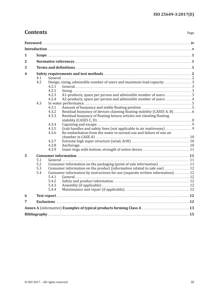 ISO 25649-3:2017 ISO 25649-3:2017 - Floating leisure articles for use on and in the water — Part 3: Additional specific safety requirements and test methods for Class A devices/31/2017 - Page 3 preview