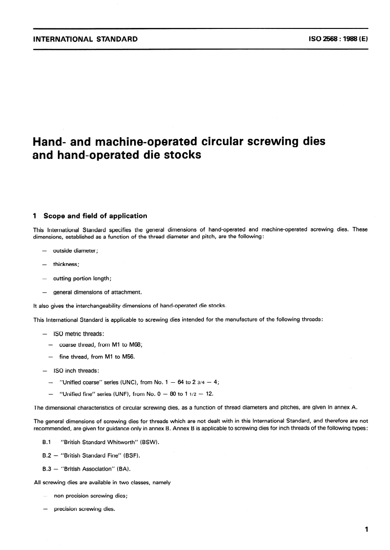 ISO 2568:1988 ISO 2568:1988 - Hand- and machine-operated circular screwing dies and hand-operated die stocks/24/1988 - Page 3 preview
