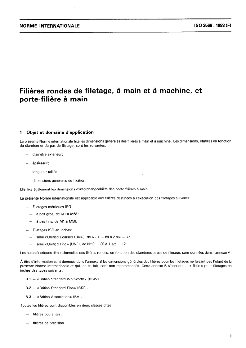 ISO 2568:1988 ISO 2568:1988 - Filières rondes de filetage, à main et à machine, et porte-filière à main/24/1988 - Page 3 preview