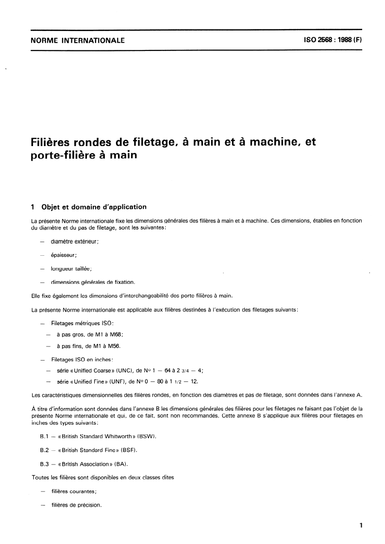 ISO 2568:1988 ISO 2568:1988 - Filières rondes de filetage, à main et à machine, et porte-filière à main/24/1988 - Page 3 preview