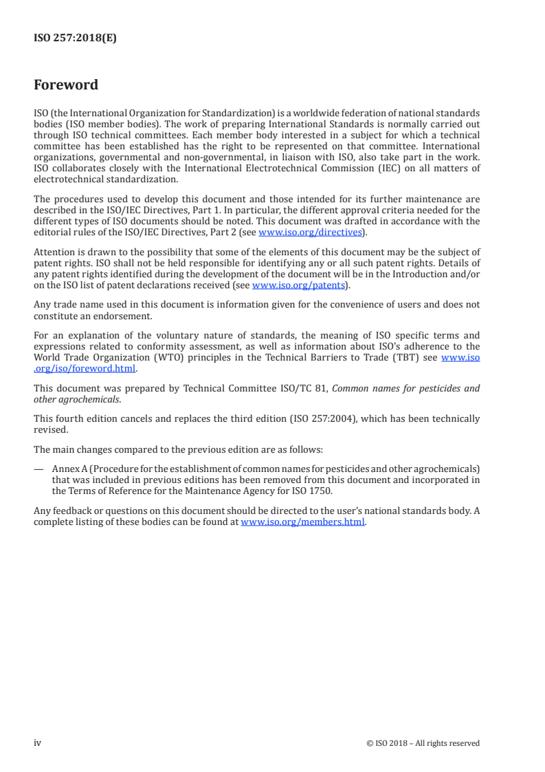 ISO 257:2018 ISO 257:2018 - Pesticides and other agrochemicals — Principles for the selection of common names/19/2018 - Page 4 preview