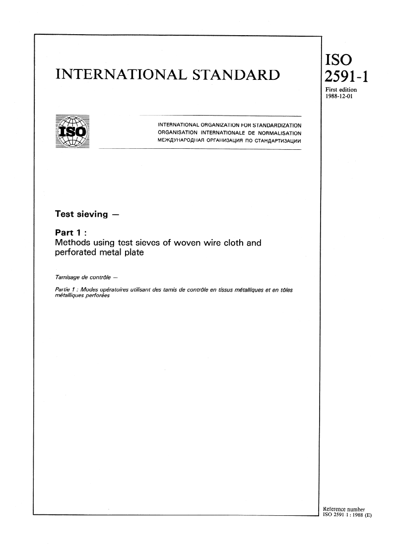 ISO 2591-1:1988 ISO 2591-1:1988 - Test sieving — Part 1: Methods using test sieves of woven wire cloth and perforated metal plate/15/1988 - Page 1 preview